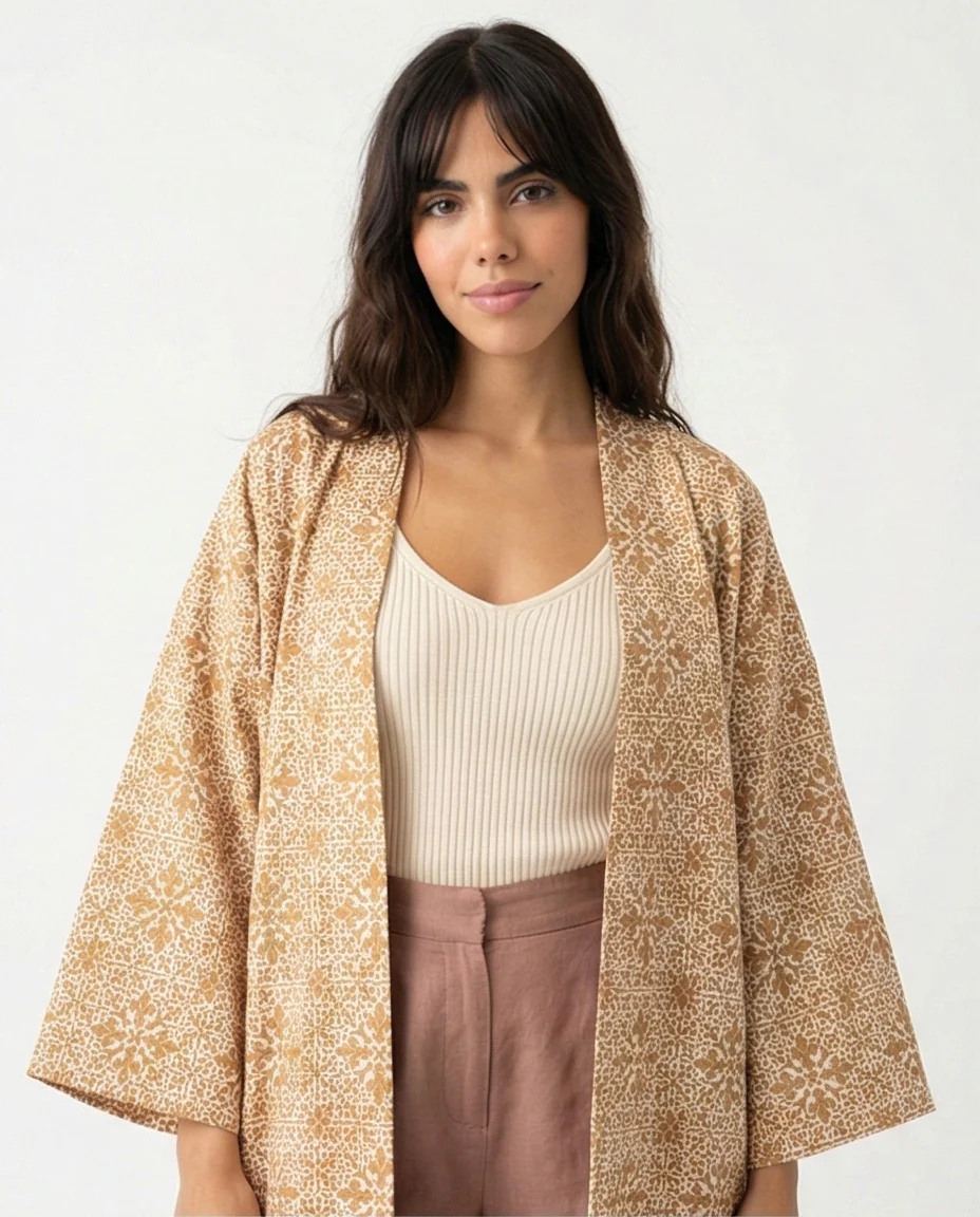 R206501 - Floral Printed Crepe Chiffon Kimono - Beige - Image 3