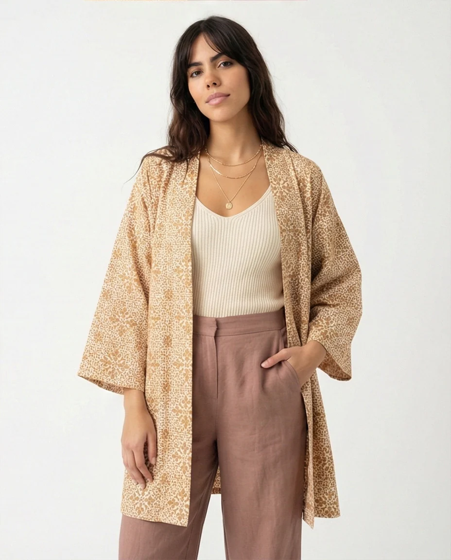 R206501 - Floral Printed Crepe Chiffon Kimono - Beige - Image 5