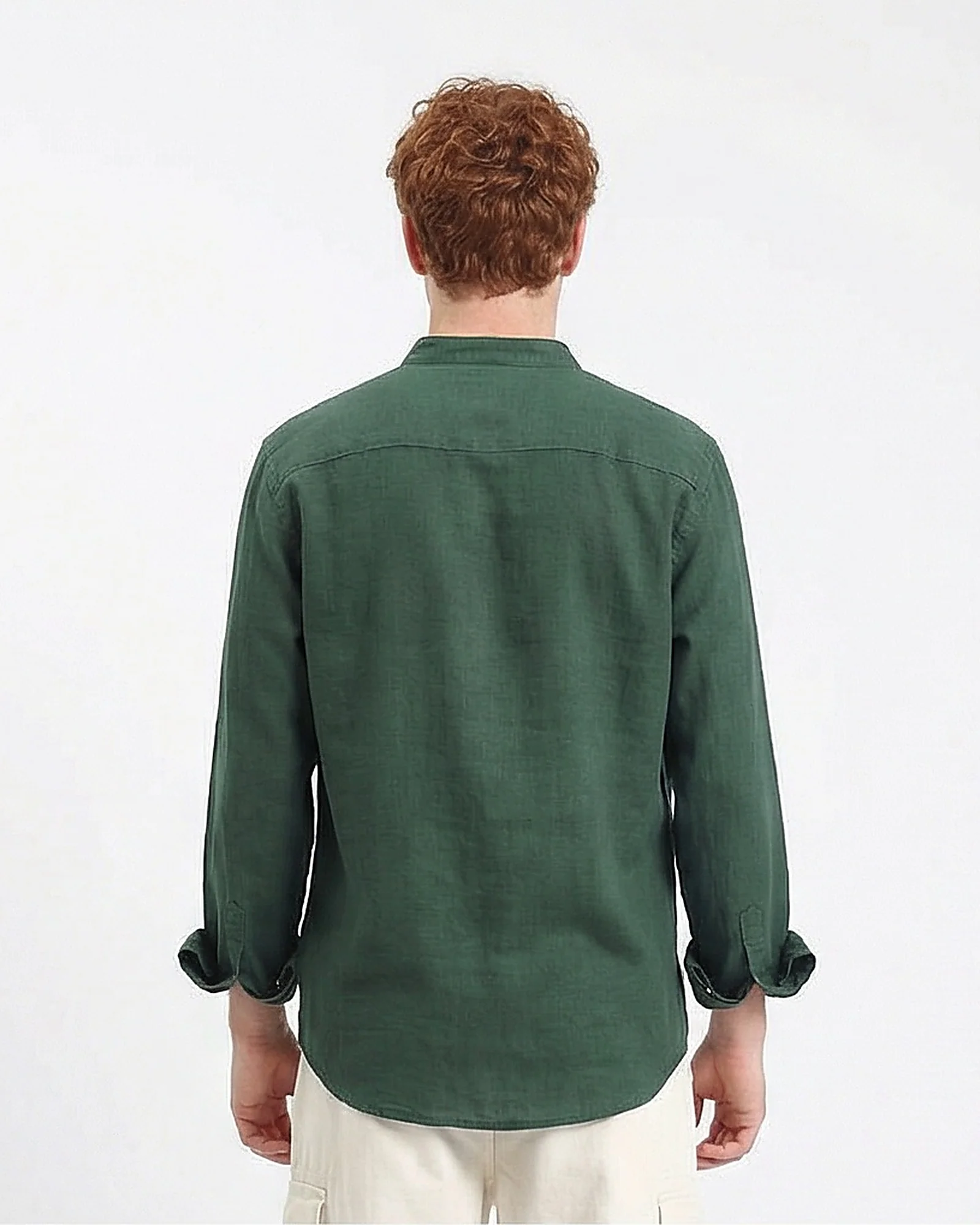 Forest Green Mandarin Collar Linen-Blend Shirt - Image 2