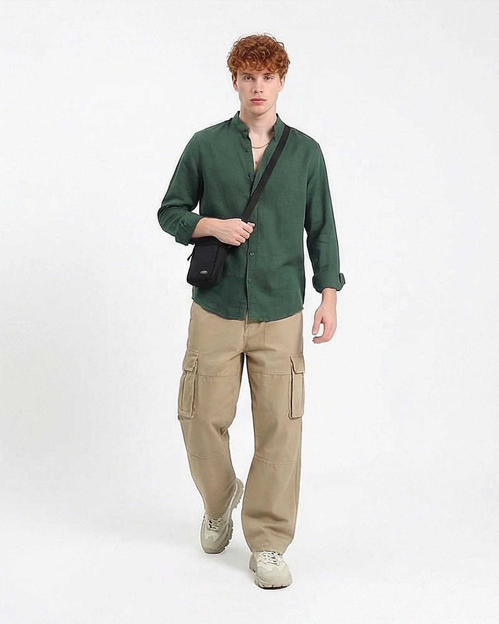 Forest Green Mandarin Collar Linen-Blend Shirt - Image 3