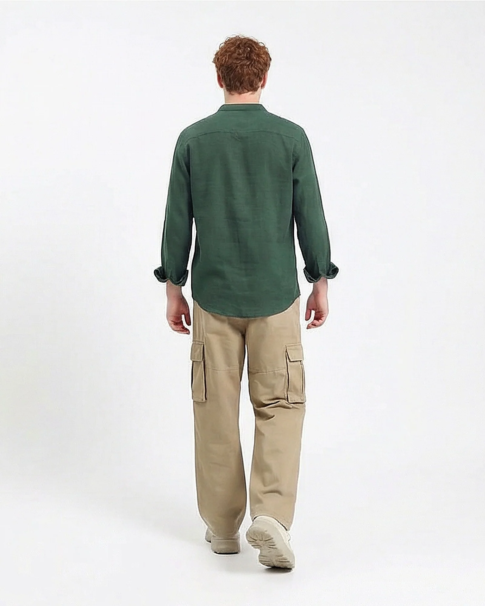 Forest Green Mandarin Collar Linen-Blend Shirt - Image 4
