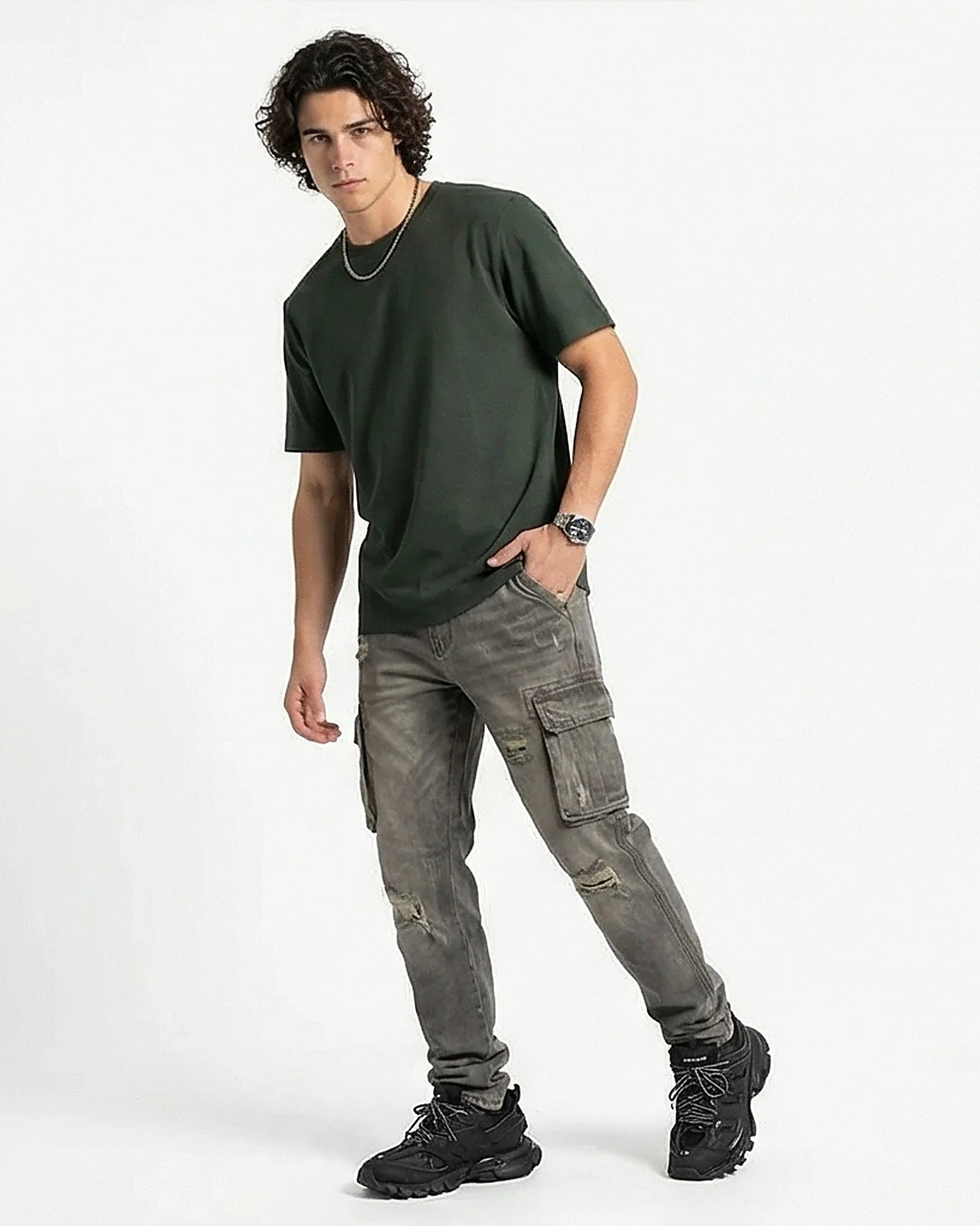 Forest Green Textured Crew Neck Tee - R216805 - Image 3