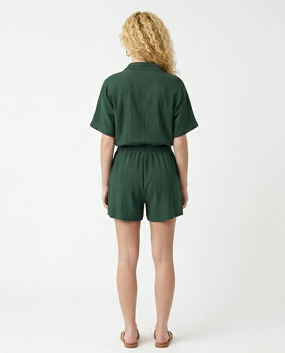 Forest Green Textured Short Sleeve Button-Down Romper - R217450 - Image 2