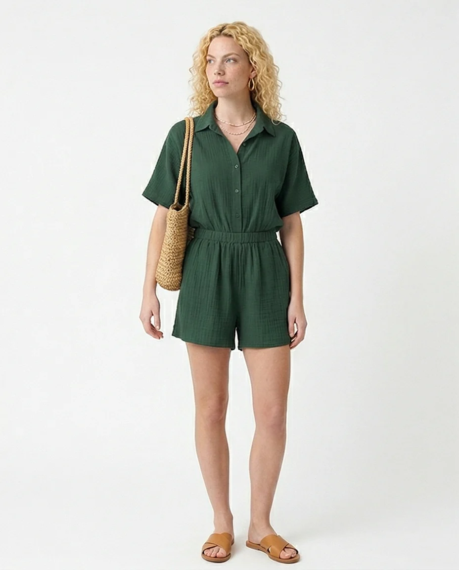 Forest Green Textured Short Sleeve Button-Down Romper - R217450 - Image 3