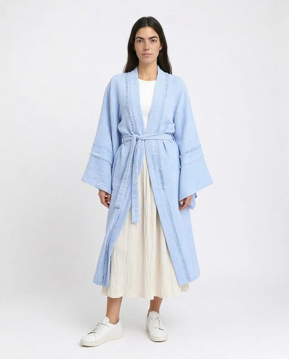 Ravin Fringed Sky Blue Kimono-Style Duster Coat - Light Blue - R207249 - Image 4