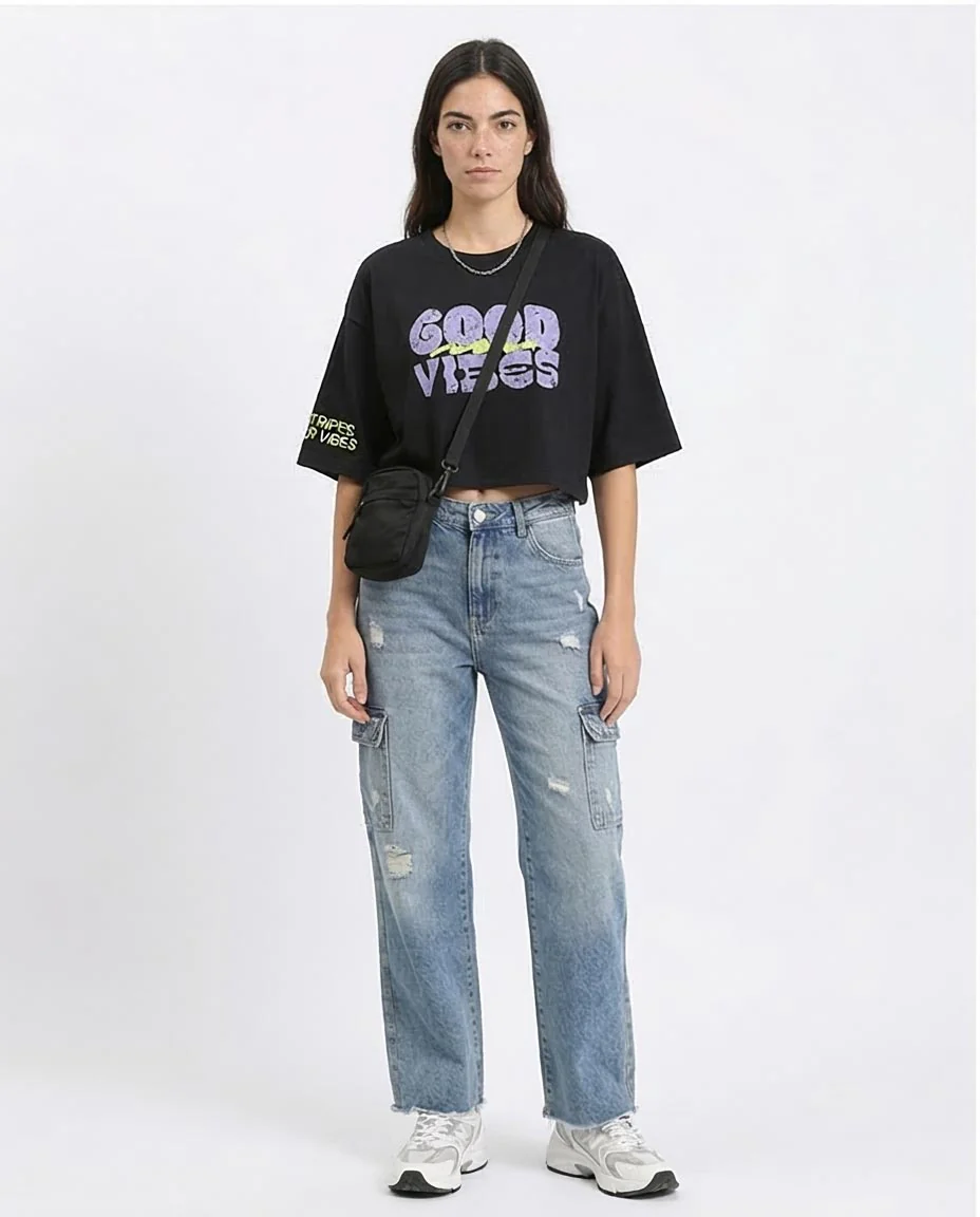 Ravin "Good Vibes" Distressed Graphic Crop T-Shirt - Black - R210551 - Image 3