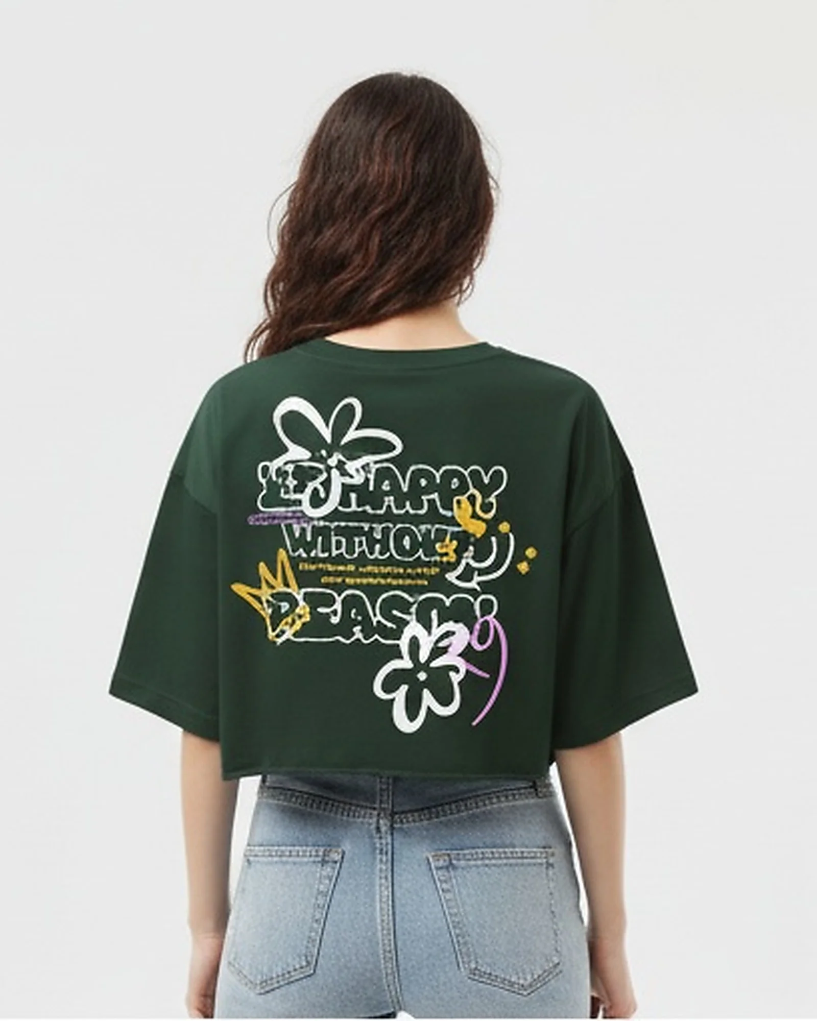 Graphic Printed Relaxed Crop T-Shirt - Dark Green - Image 2