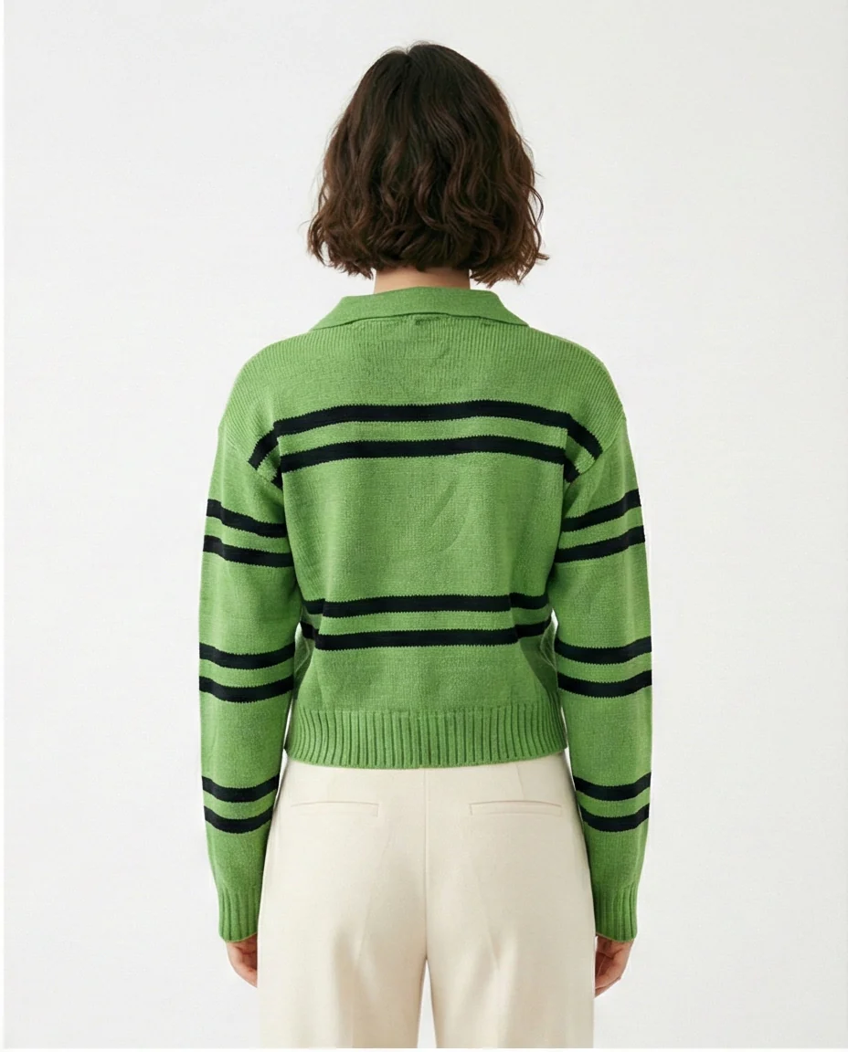 Green & Black Striped Polo Collar Knit Pullover - O201334 - Image 2
