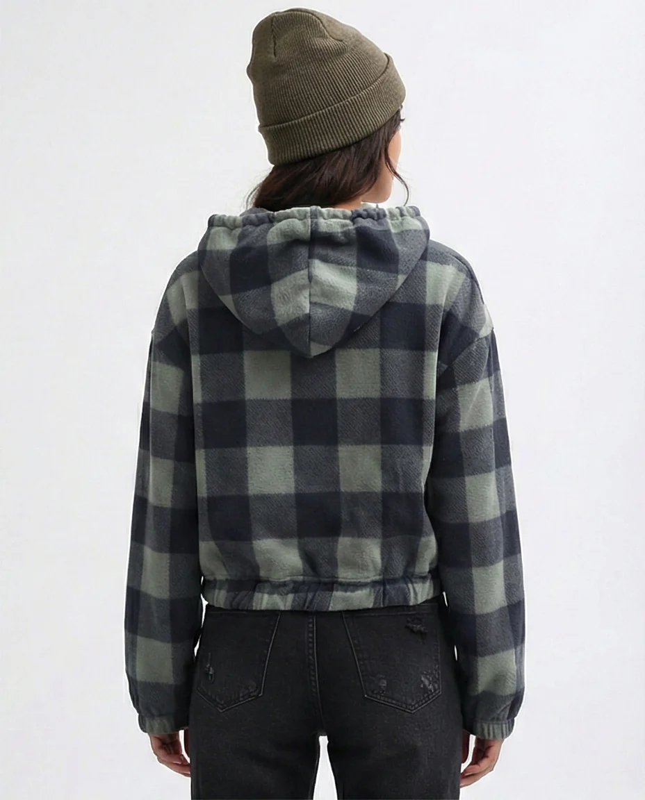 Green Buffalo Check Fleece Cropped Hoodie - O201152 - Image 2
