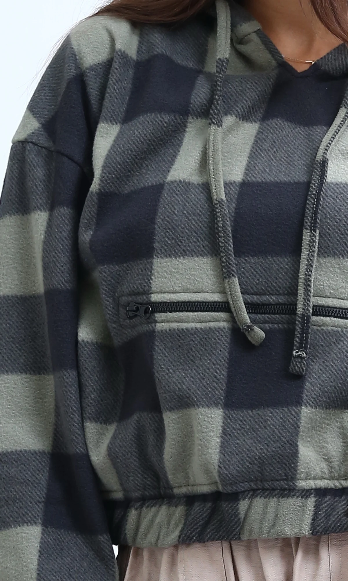 Green Buffalo Check Fleece Cropped Hoodie - O201152 - Image 3