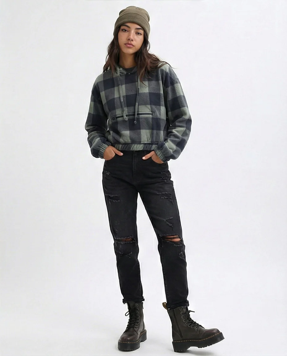 Green Buffalo Check Fleece Cropped Hoodie - O201152 - Image 4
