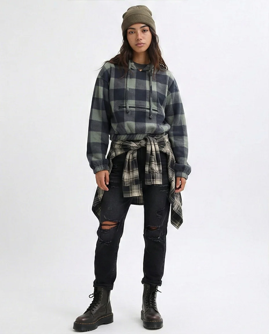 Green Buffalo Check Fleece Cropped Hoodie - O201152 - Image 5