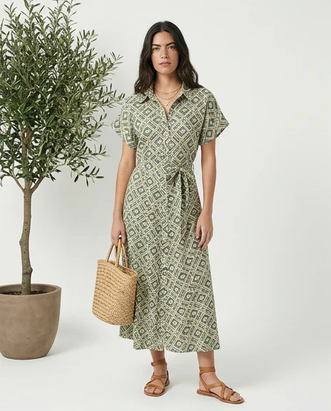 Green Mosaic Print Short Sleeve Midi Shirt Dress - R217289 - Image 3