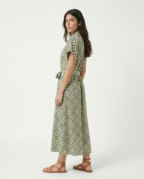 Green Mosaic Print Short Sleeve Midi Shirt Dress - R217289 - Image 4