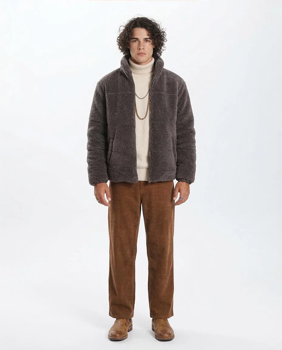 Grey Sherpa Fleece Quilted Zip-Up Jacket - O199927 - Image 3