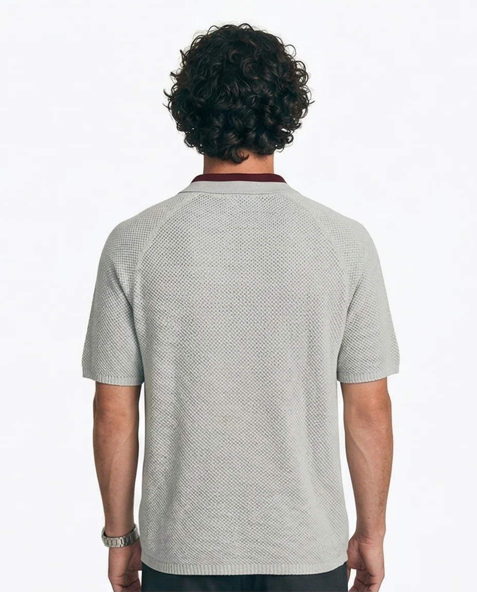 Grey Textured Knit Button-Down Shirt with Contrast Trim - R217273 - Image 2