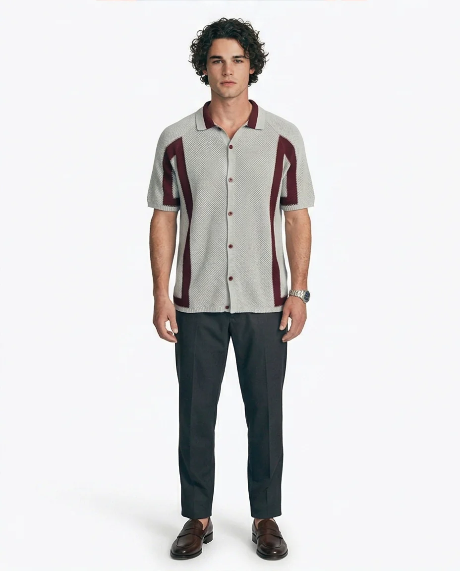 Grey Textured Knit Button-Down Shirt with Contrast Trim - R217273 - Image 3