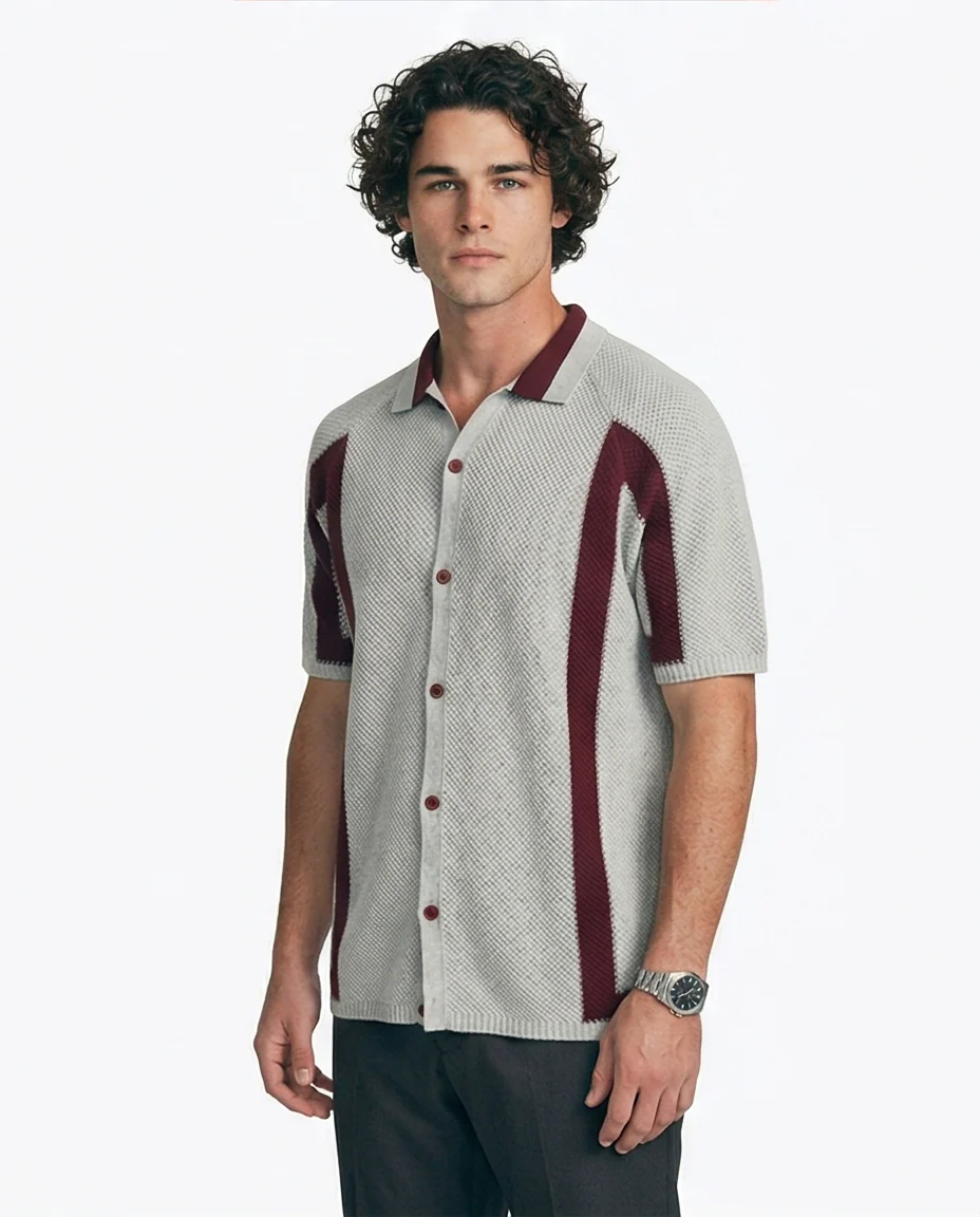 Grey Textured Knit Button-Down Shirt with Contrast Trim - R217273 - Image 4