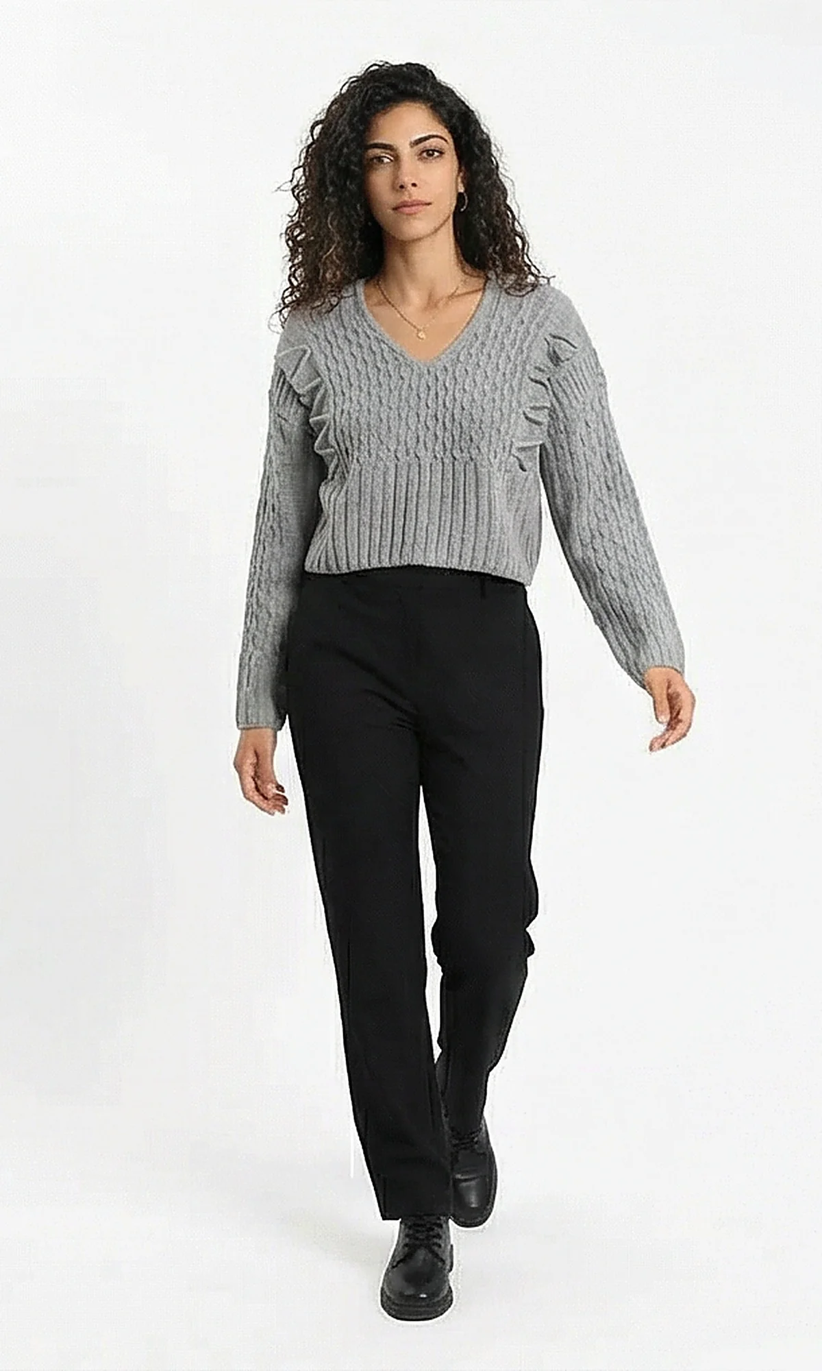 Grey Textured Ruffle Detail V-Neck Pullover - Image 4