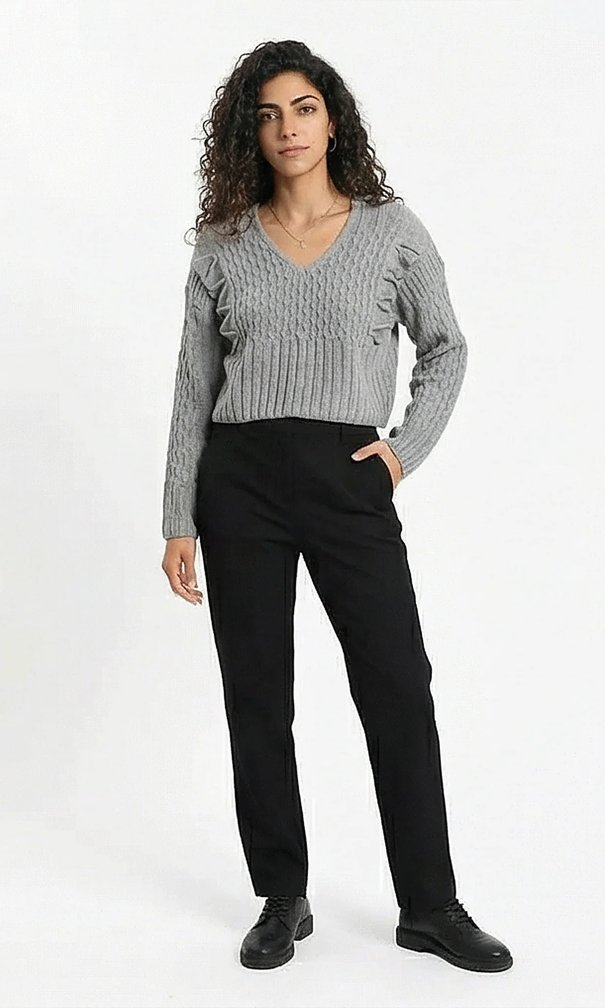 Grey Textured Ruffle Detail V-Neck Pullover - Image 5