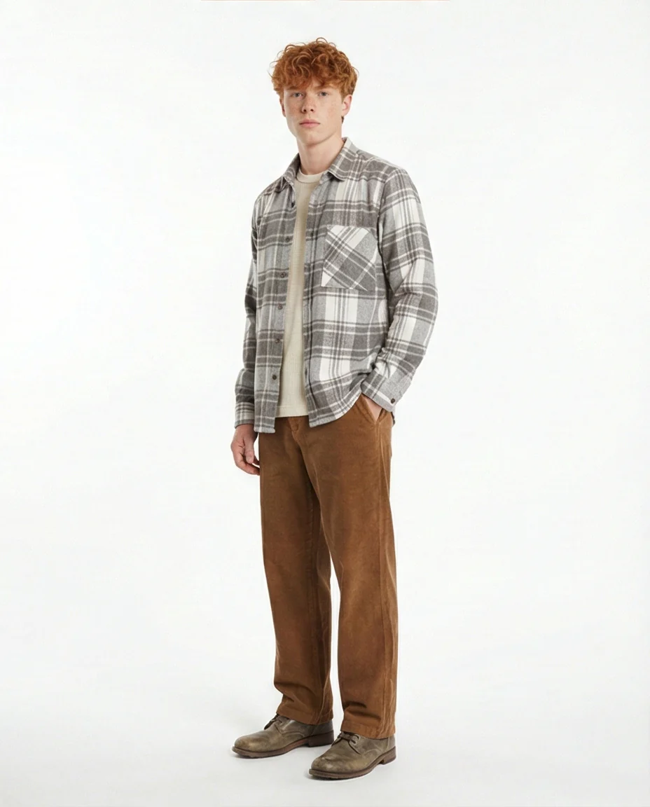 Grey & White Plaid Flannel Long Sleeve Shirt - O200604 - Image 3