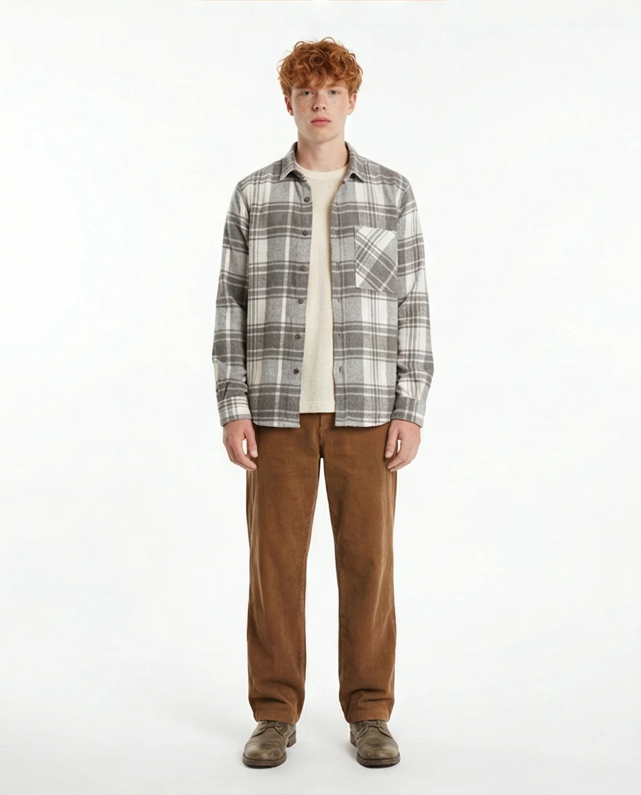 Grey & White Plaid Flannel Long Sleeve Shirt - O200604 - Image 4