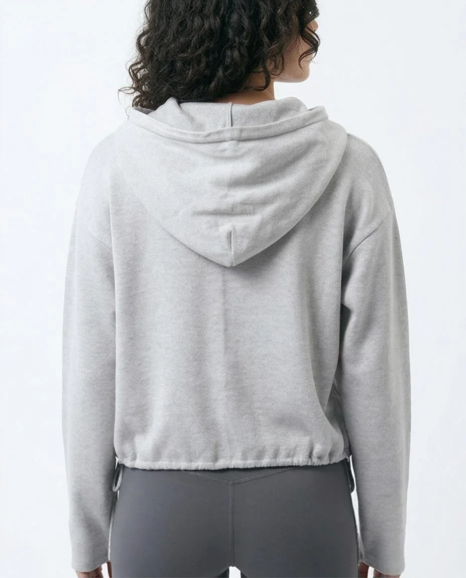 Heather Grey Cropped Cinch-Hem Hoodie - O200389 - Image 2