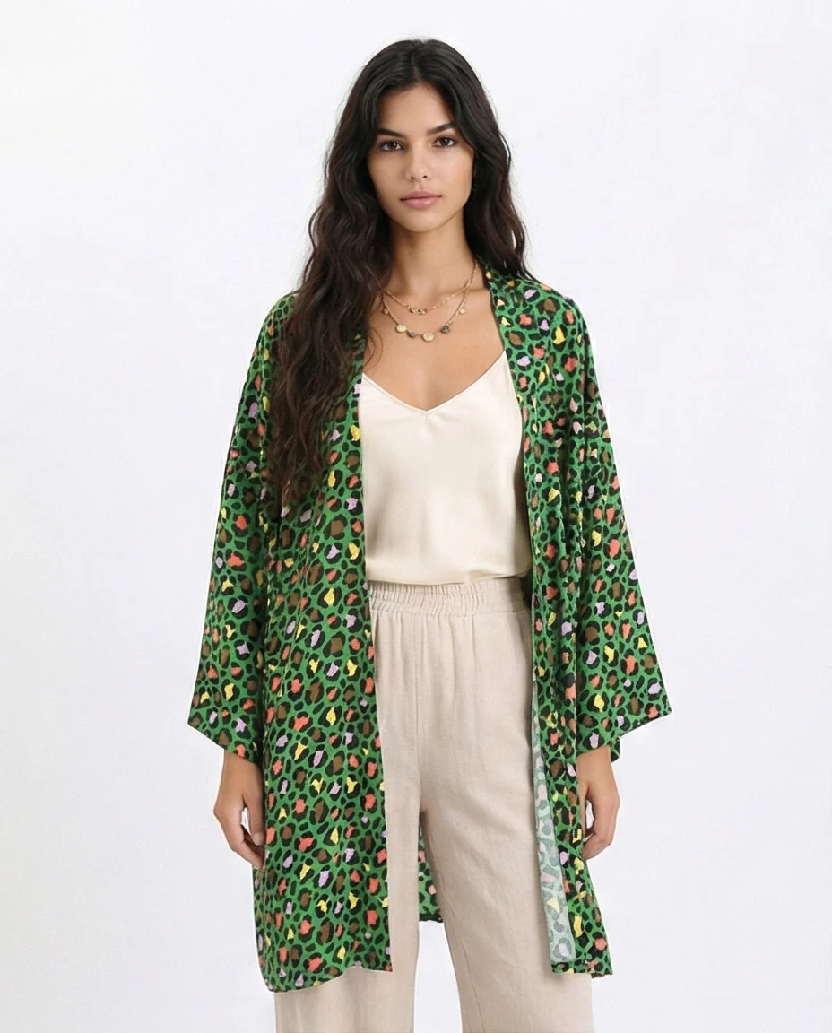 R210710 - Leopard Long Sleeves Colorful Cardigan - Green - Image 3