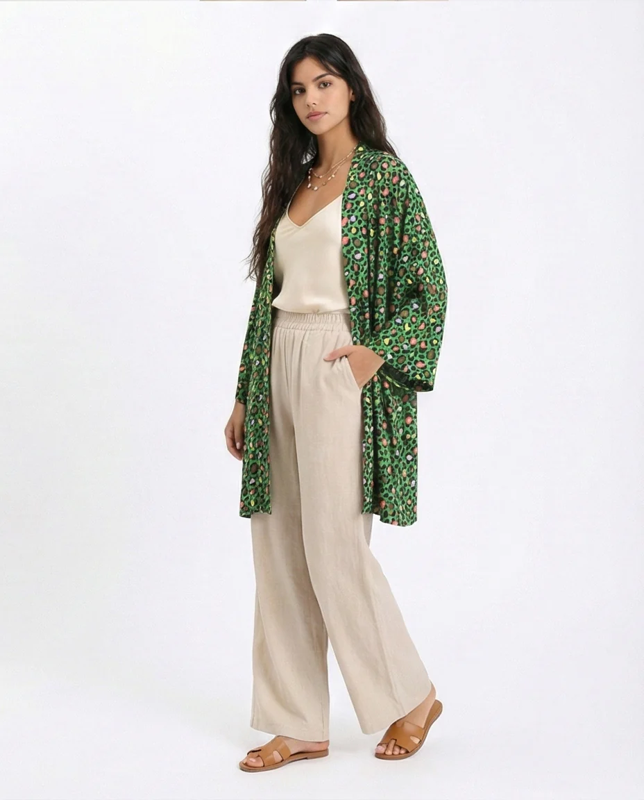 R210710 - Leopard Long Sleeves Colorful Cardigan - Green - Image 5