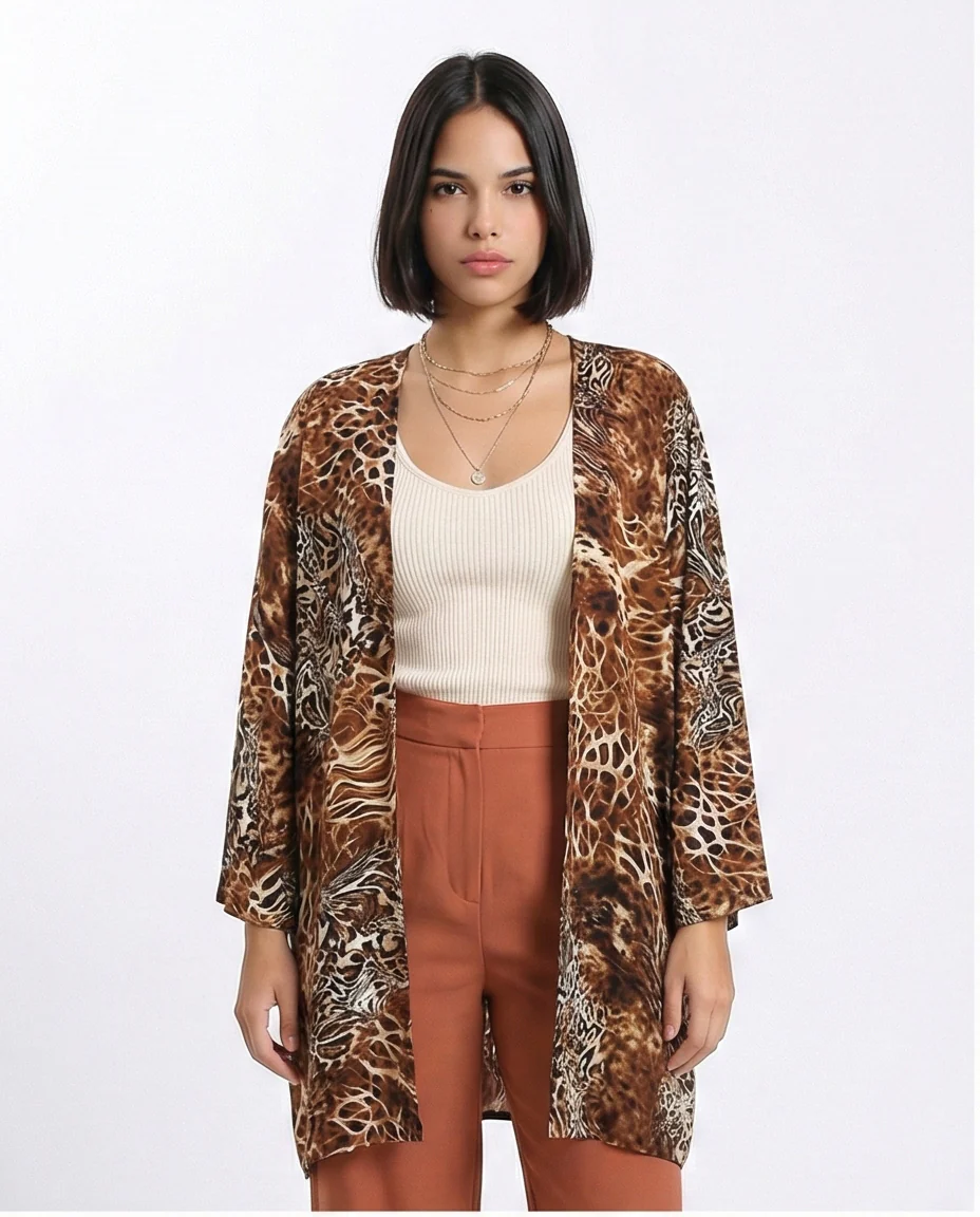R209483 - Leopard Slip On Lightweight Cardigan - Brown - Image 3