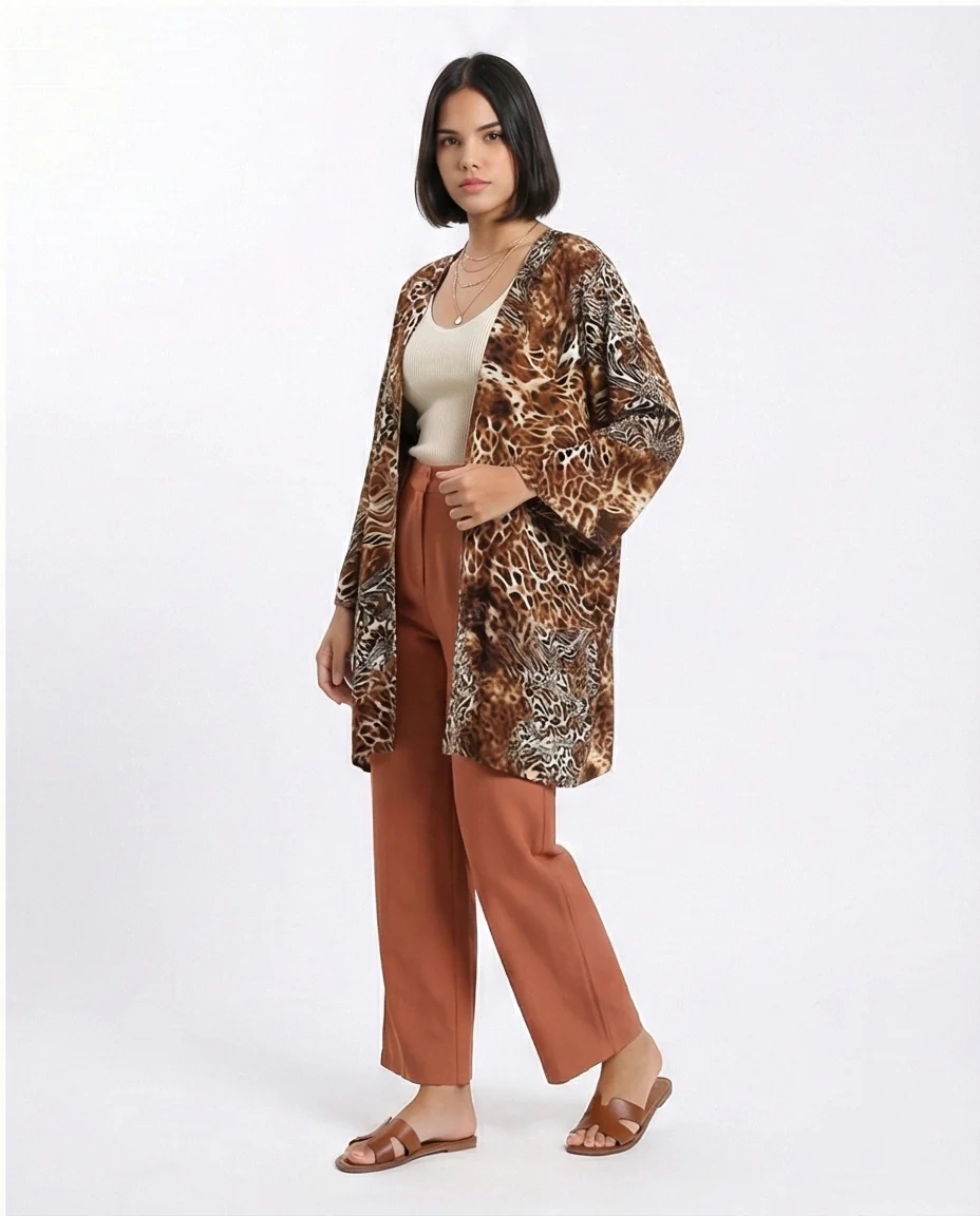R209483 - Leopard Slip On Lightweight Cardigan - Brown - Image 5