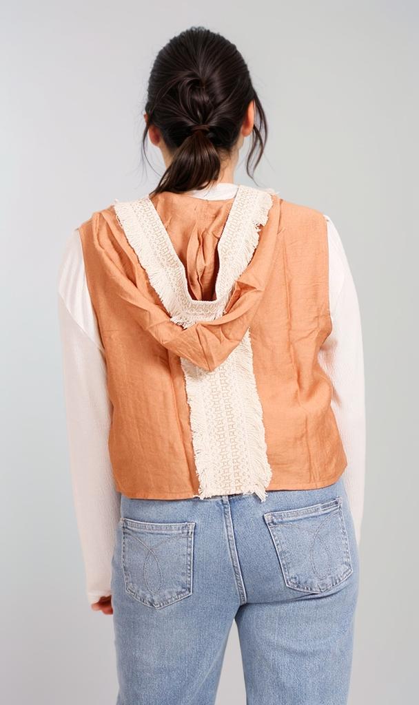 R204594 - Linen Hooded Sleeveless Vest - Beige & Brown - Image 2