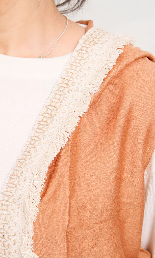 R204594 - Linen Hooded Sleeveless Vest - Beige & Brown - Image 3
