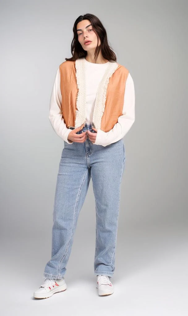R204594 - Linen Hooded Sleeveless Vest - Beige & Brown - Image 4