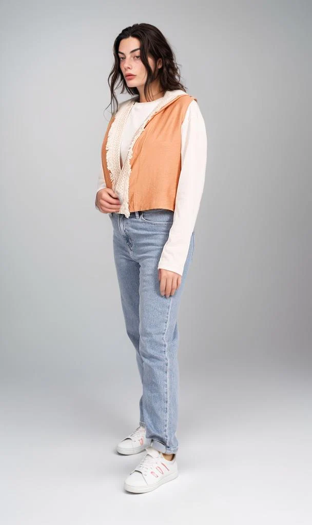 R204594 - Linen Hooded Sleeveless Vest - Beige & Brown - Image 5