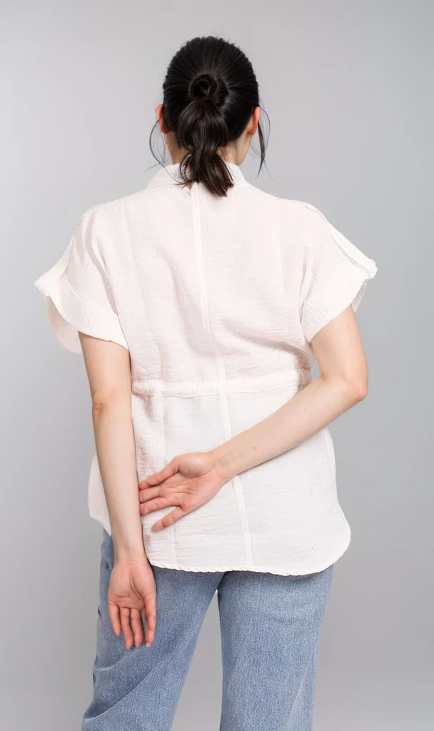 R207252 - Linen Look Belted Short-Sleeve Shirt - White - Image 2