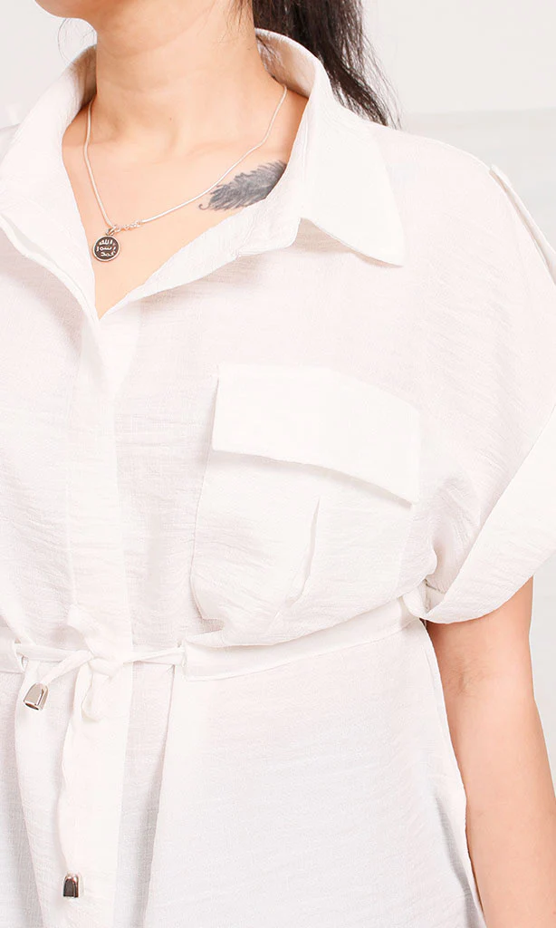 R207252 - Linen Look Belted Short-Sleeve Shirt - White - Image 3