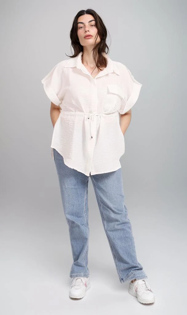 R207252 - Linen Look Belted Short-Sleeve Shirt - White - Image 4