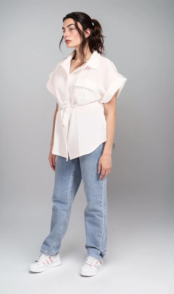 R207252 - Linen Look Belted Short-Sleeve Shirt - White - Image 5