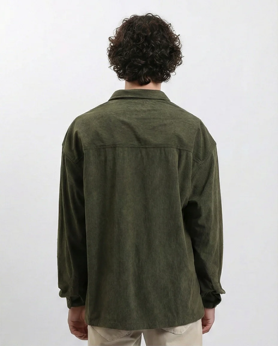 R214900 - Long Sleeve Casual Corduroy Winter Shirt - Dark Khaki - Image 2