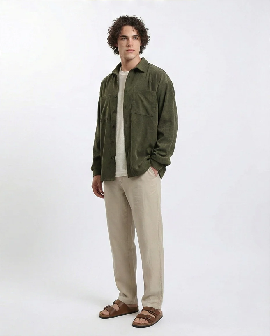 R214900 - Long Sleeve Casual Corduroy Winter Shirt - Dark Khaki - Image 4