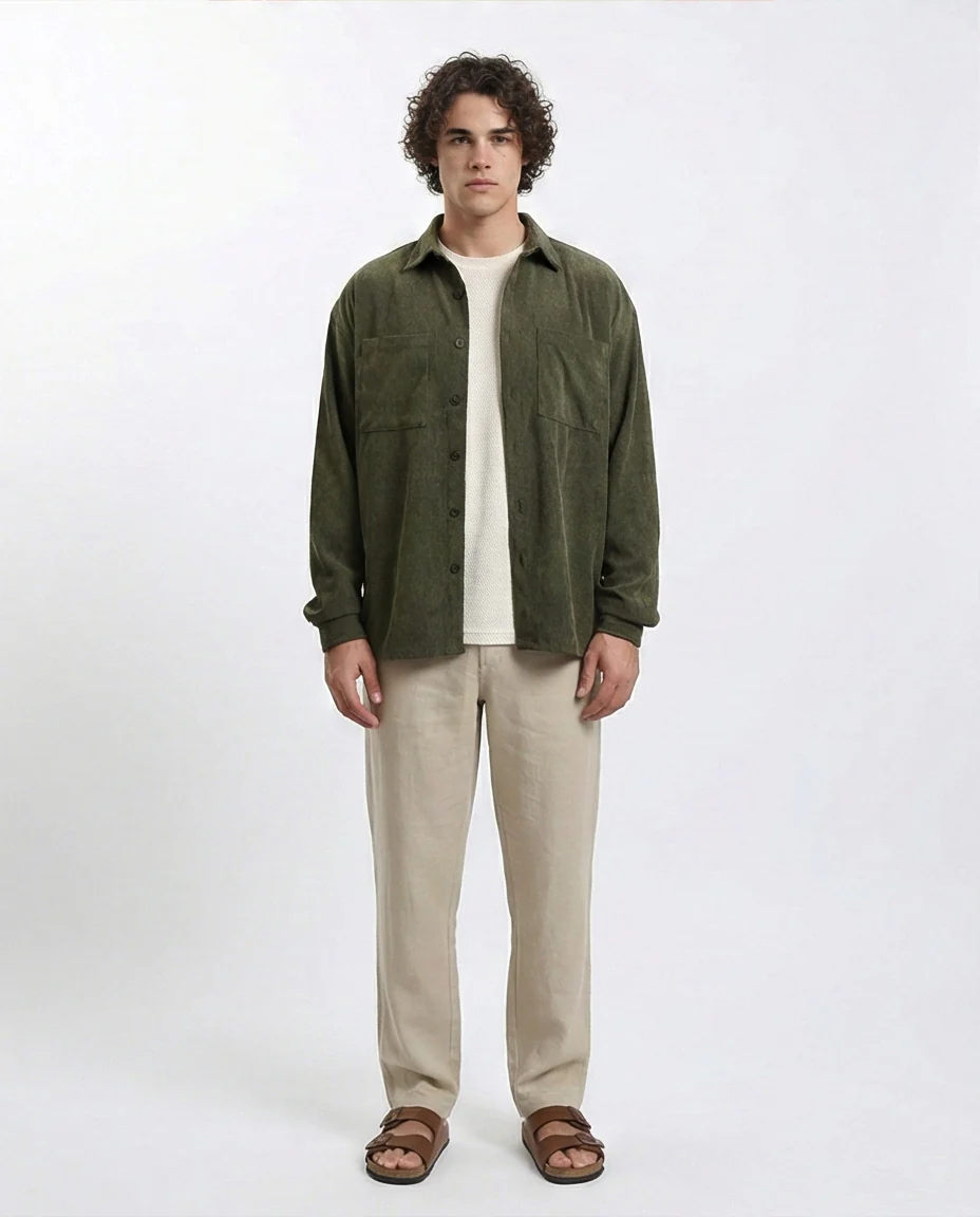 R214900 - Long Sleeve Casual Corduroy Winter Shirt - Dark Khaki - Image 5