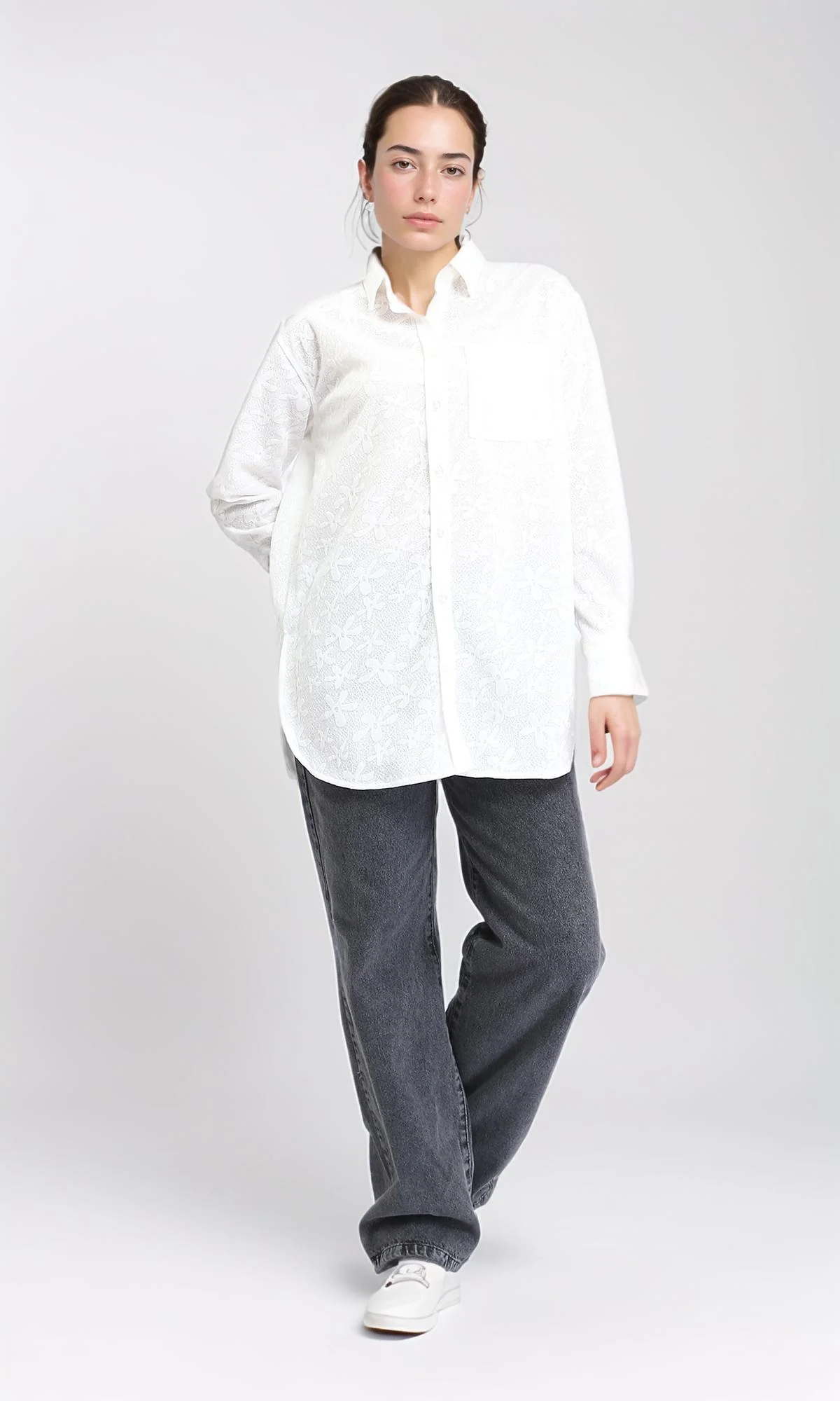 R206078 - Long Sleeve Cotton Floral Shirt - White - Image 4
