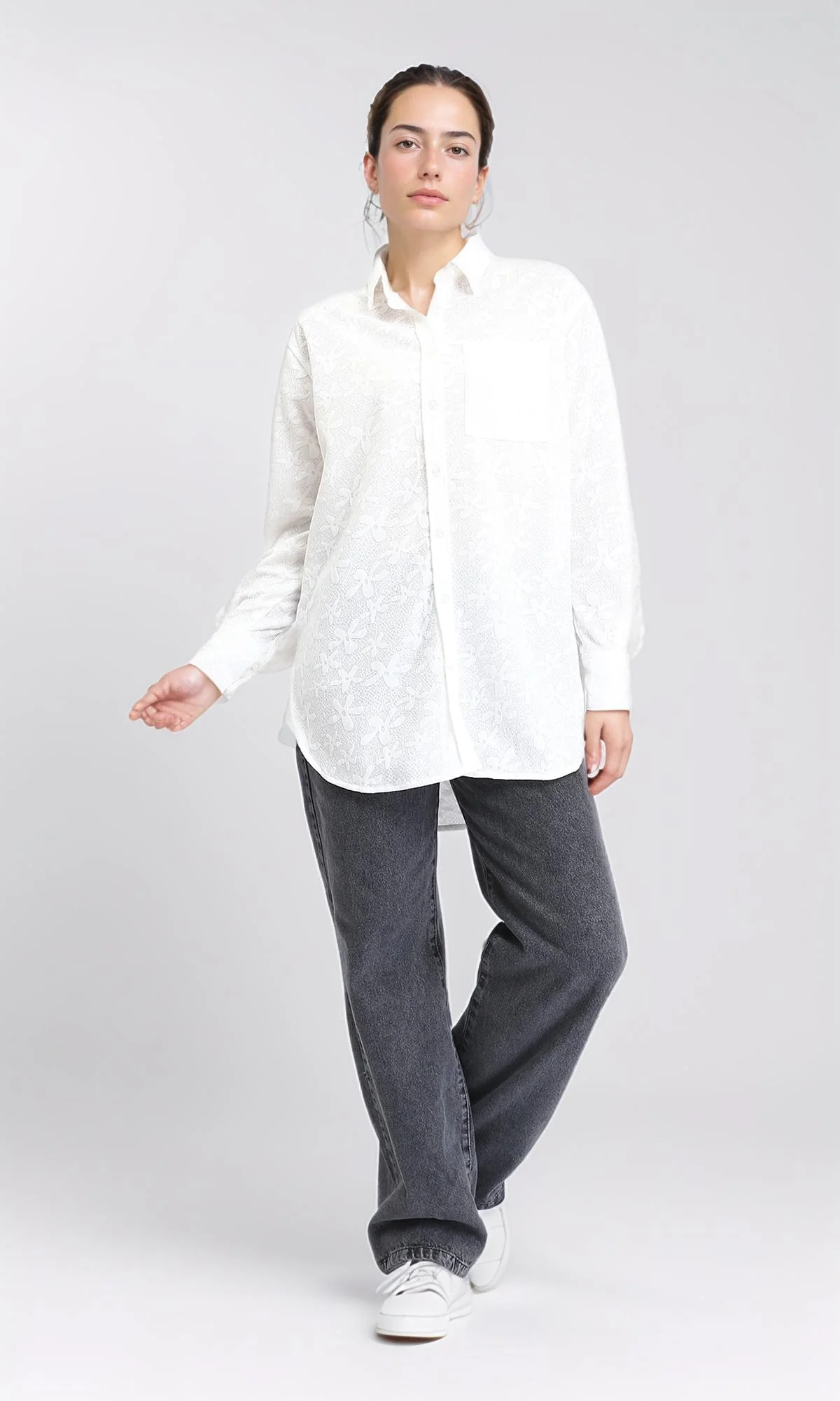 R206078 - Long Sleeve Cotton Floral Shirt - White - Image 5