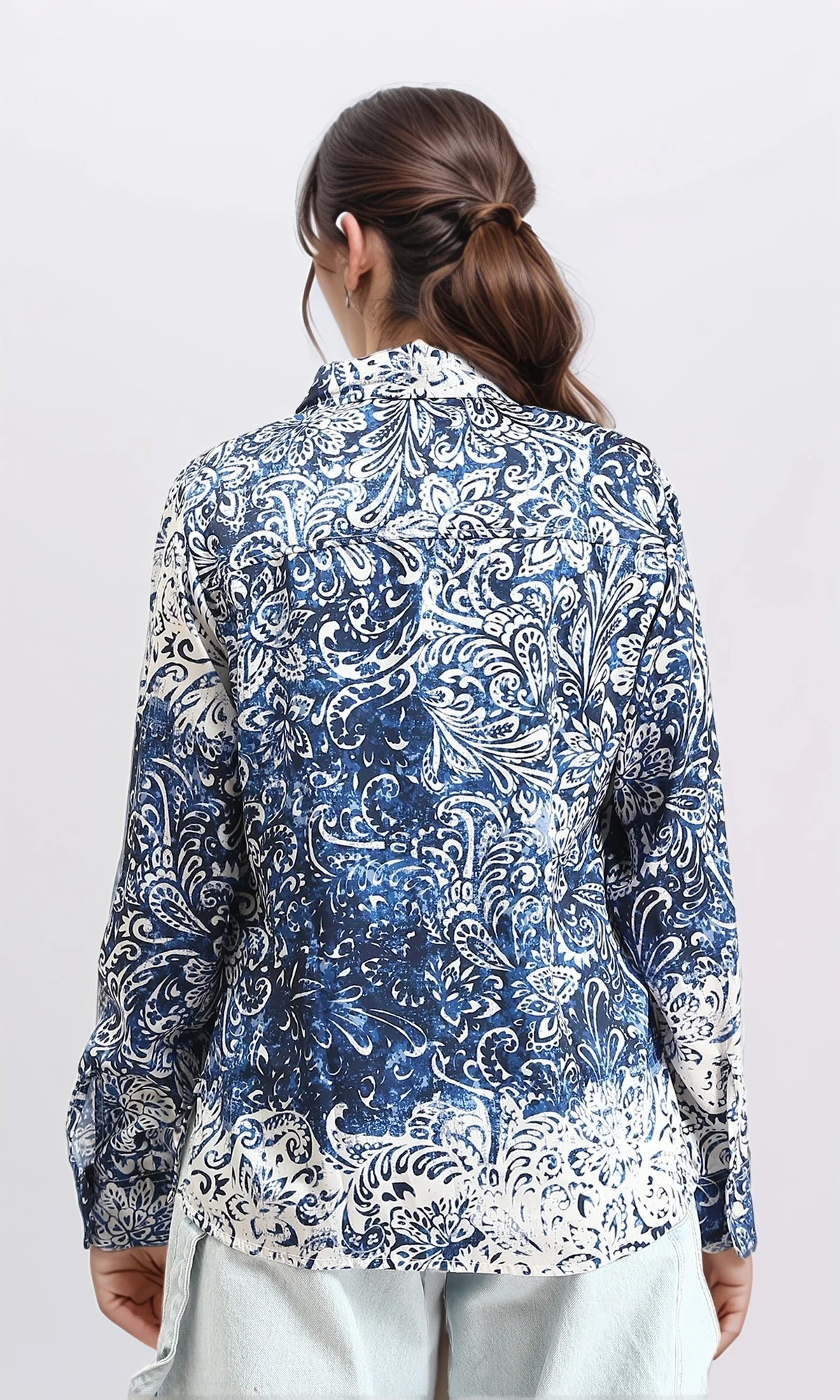 R211086 - Long Sleeves Buttoned Flory Shirt - Navy Blue & White - Image 2