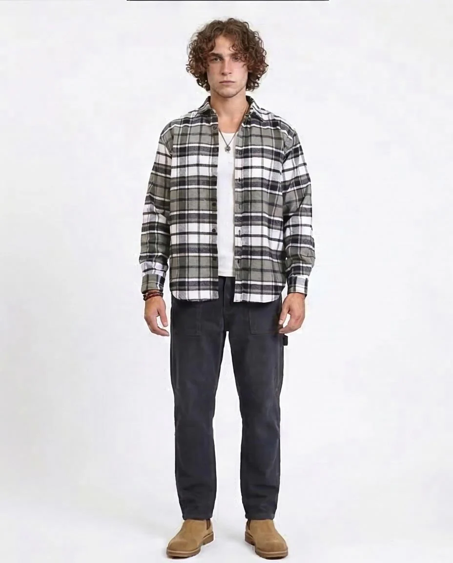 R213202 - Long Sleeves Casual Tartan Shirt - Olive & White - Image 3
