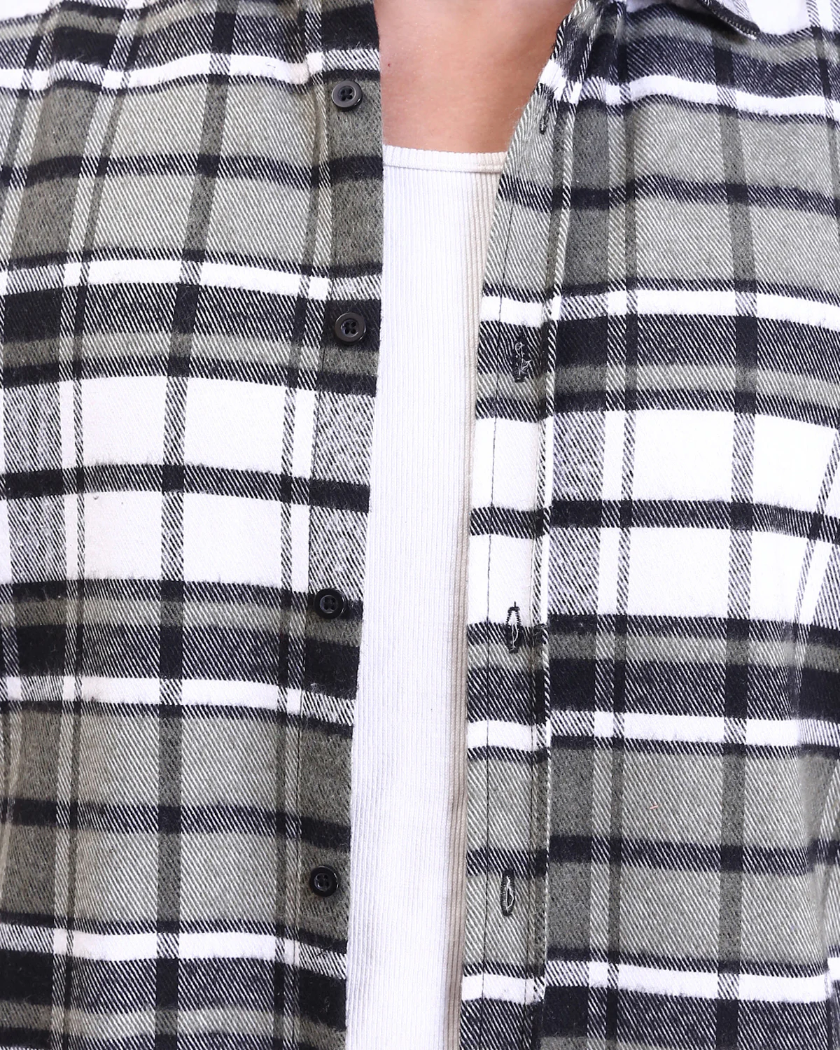 R213202 - Long Sleeves Casual Tartan Shirt - Olive & White - Image 4