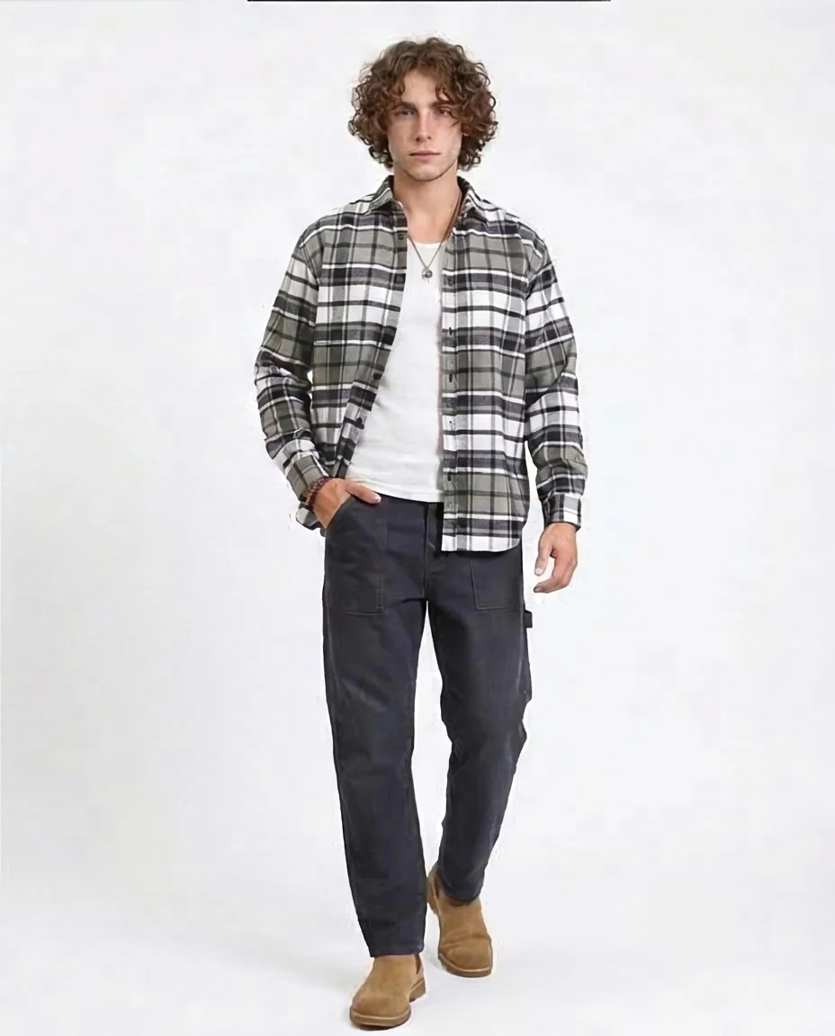 R213202 - Long Sleeves Casual Tartan Shirt - Olive & White - Image 5
