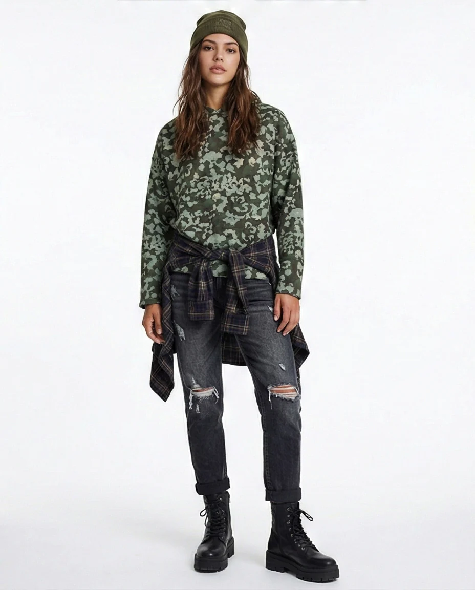 R212110 - Long Sleeves Patterned Winter Hoodie - Mint & Olive - Image 4