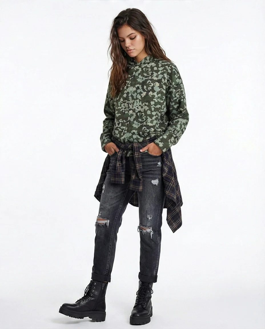 R212110 - Long Sleeves Patterned Winter Hoodie - Mint & Olive - Image 5